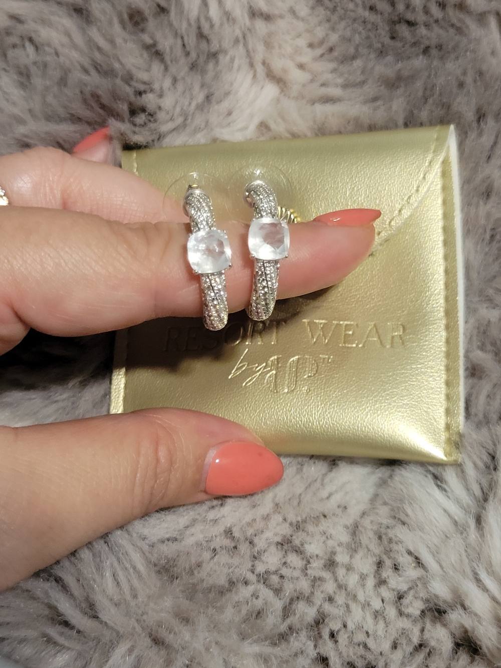 Crystal-Accented Silver Hoop Earrings - Clear